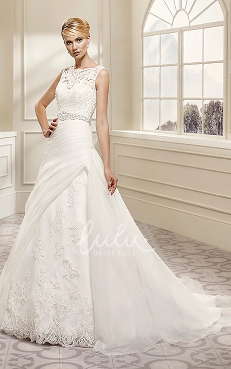 A-Line Lace Wedding Dress with Bateau-Neck and Waist Jewelry Beautiful Wedding Dress