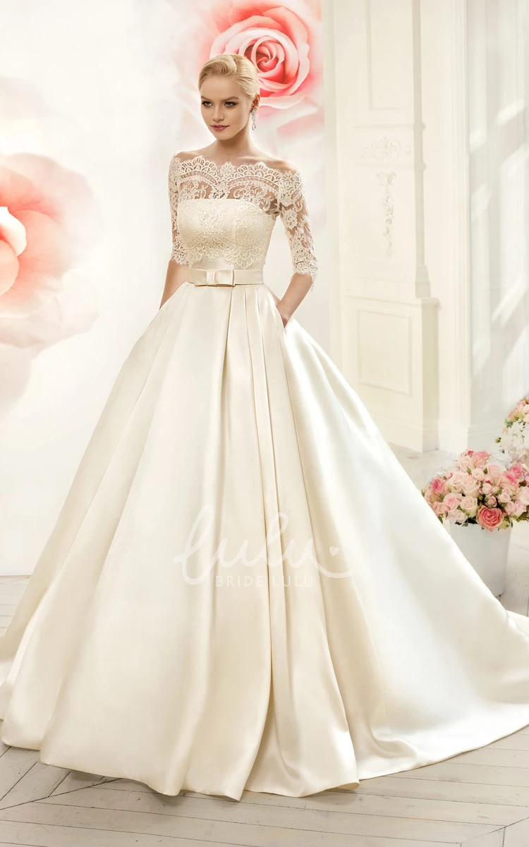 Lace Illusion Ball Gown with Half-Sleeves and Satin Skirt