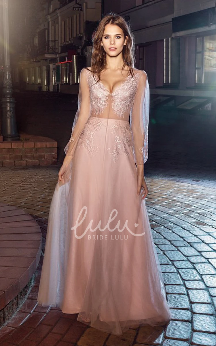 Maxi Illusion Tulle A-Line Dress with Appliques and Puff Sleeves