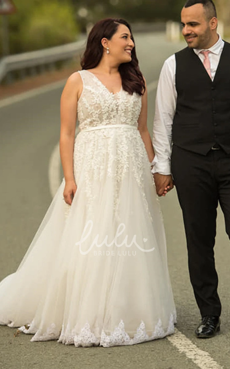 Delicate Lace Tulle V-neck Wedding Dress with Appliques Ball Gown A Line