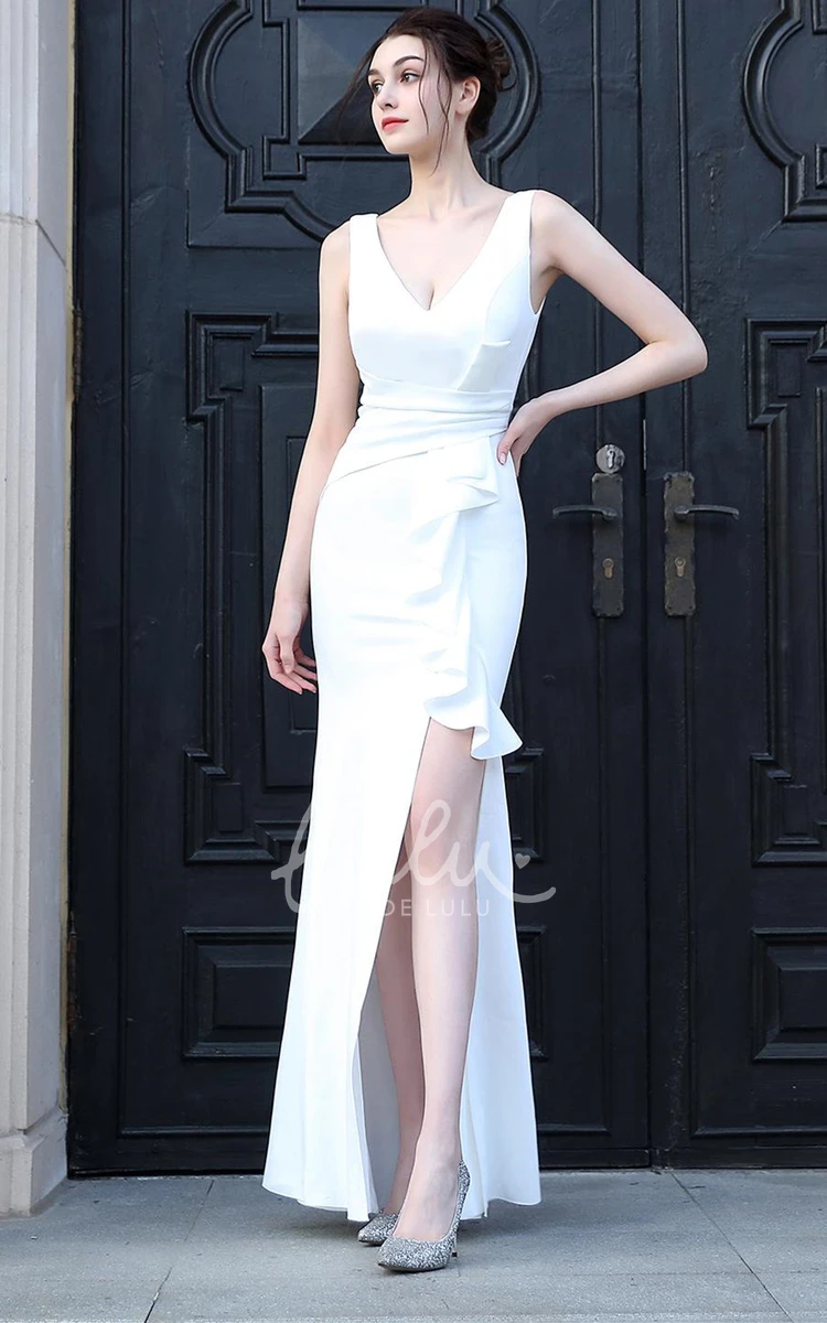 Satin Sheath Prom Dress with Ruffles and Split Front V-Neck Bridesmaid Dress