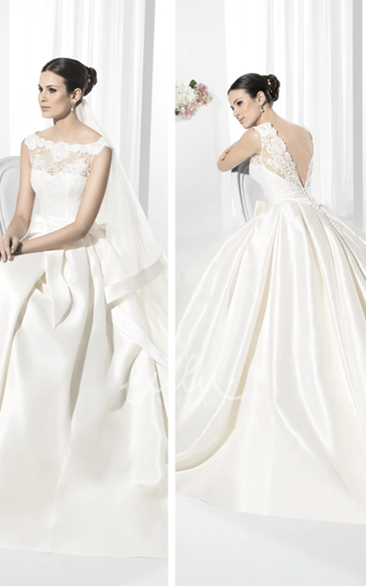 Draped Bow A-Line Satin Sleeveless Lace Bateau-Neck Wedding Dress Chic Bridal Gown