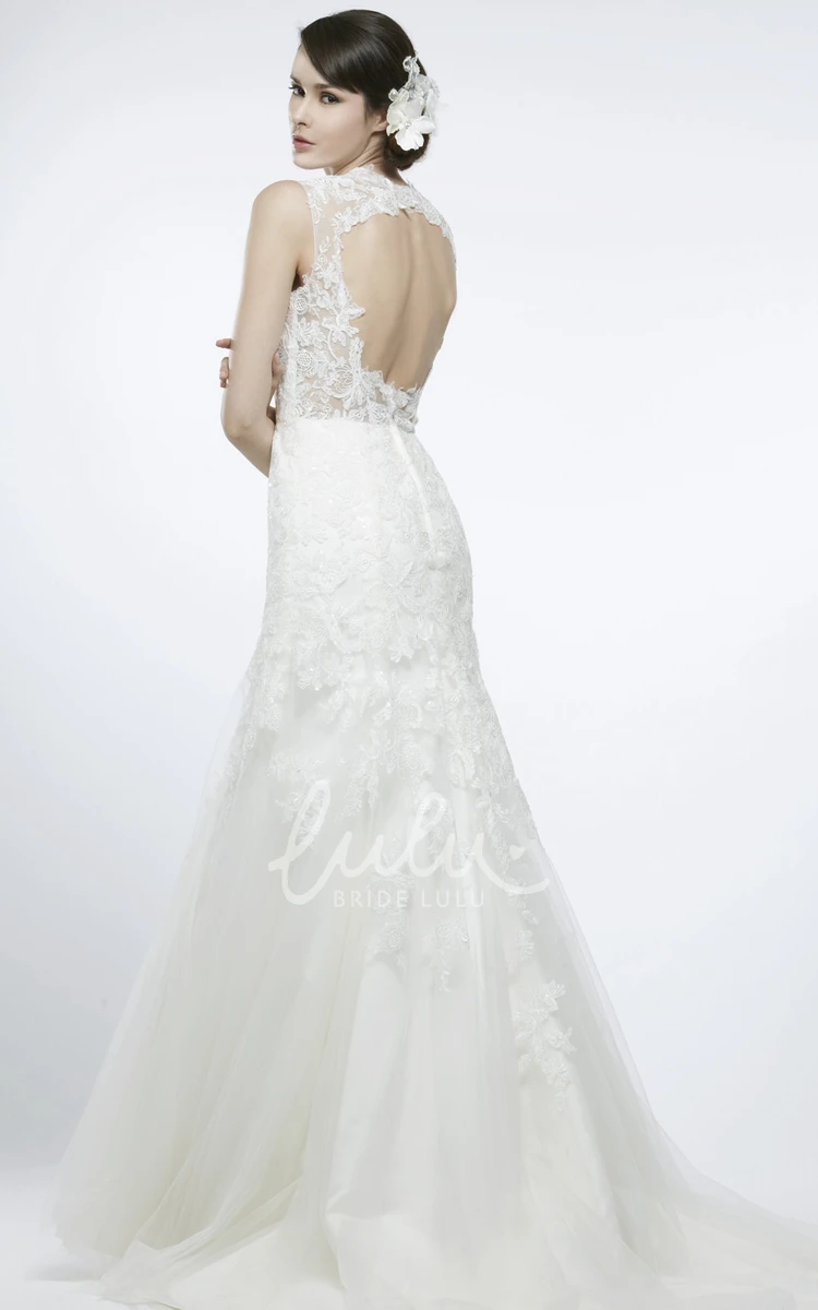 V-Neck Lace A-Line Wedding Dress with Keyhole Back and Sweep Train