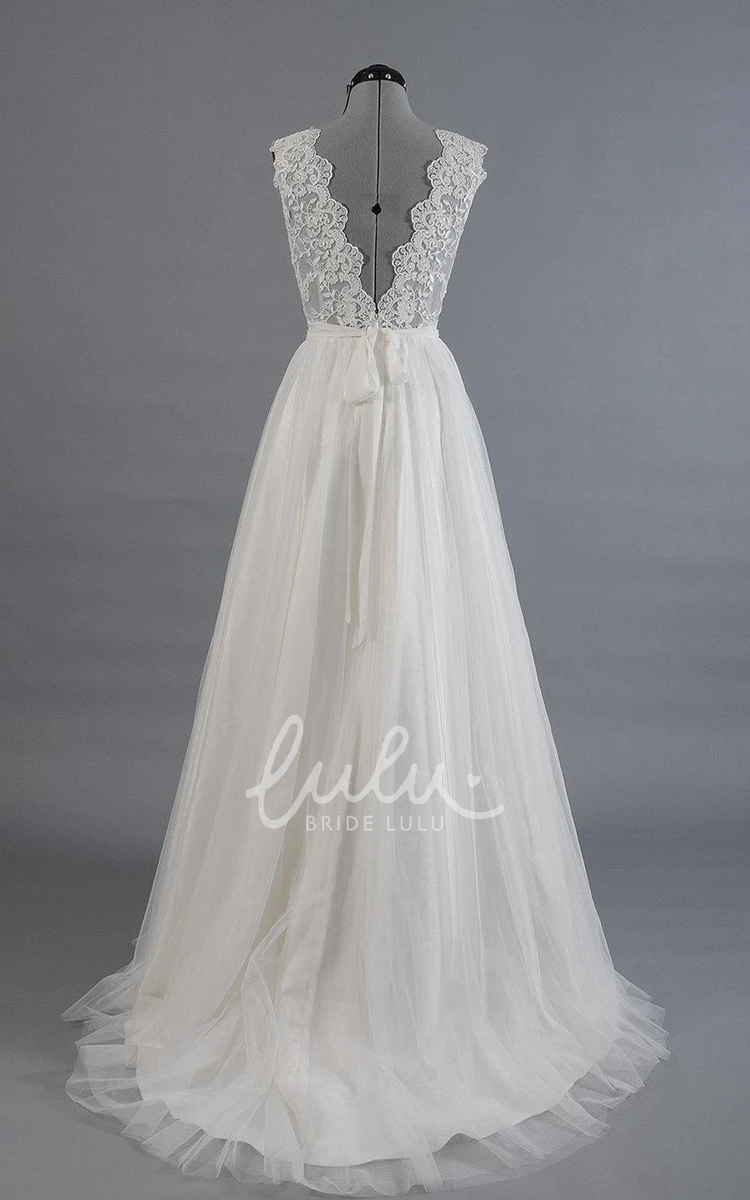 A-Line Alencon Lace Tulle Wedding Dress with V-Neck and Sleeveless