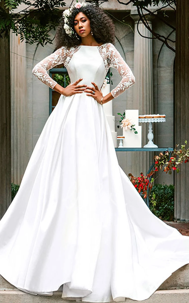 Satin Lace A-Line Wedding Dress with Ruching Classic and Timeless Bridal Gown