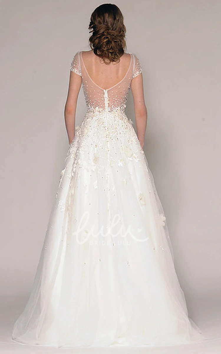 Beaded V-Neck Tulle Wedding Dress with Embroidery A-Line Floor-Length Bridal Gown