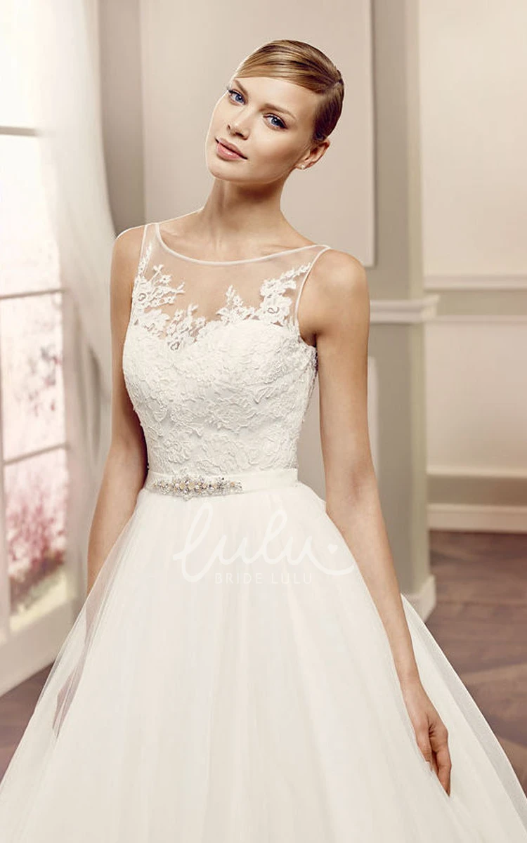 Bateau Appliqued Tulle A-Line Wedding Dress with Pleats