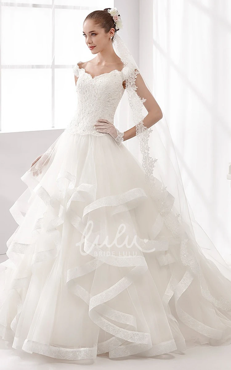 A-Line Wedding Dress with Cascading Ruffles and Lace Corset Cap-Sleeve Elegant 2024