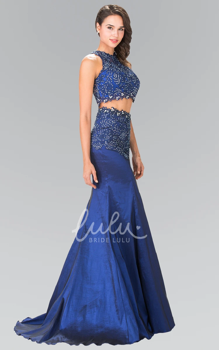 Two-Piece Mermaid Satin Illusion Prom Dress with Appliques and Beading