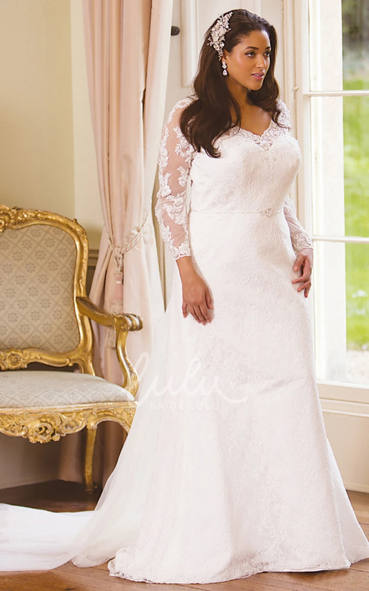 Plus Size Lace V-Neck Wedding Dress with Illusion Long-Sleeve