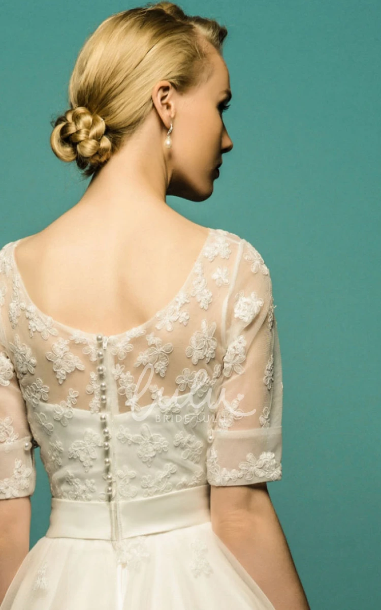Appliqued Tulle A-Line Wedding Dress Tea-Length Half Sleeve Scoop Neck