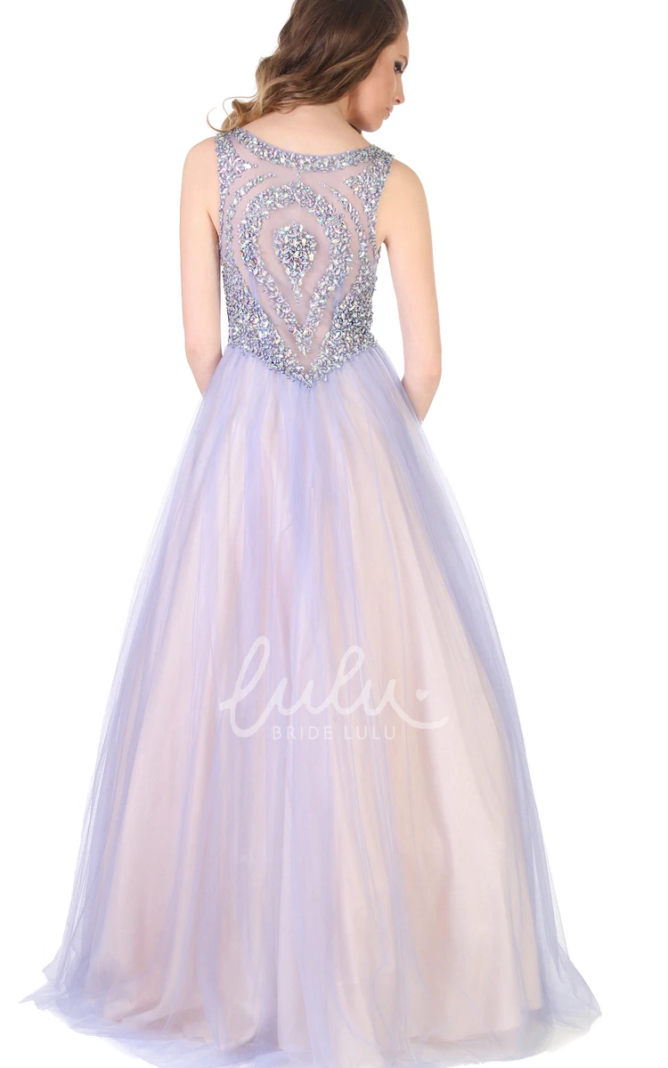 Jewel-Neck A-Line Tulle&Satin Prom Dress Sleeveless and Beaded Floor-Length