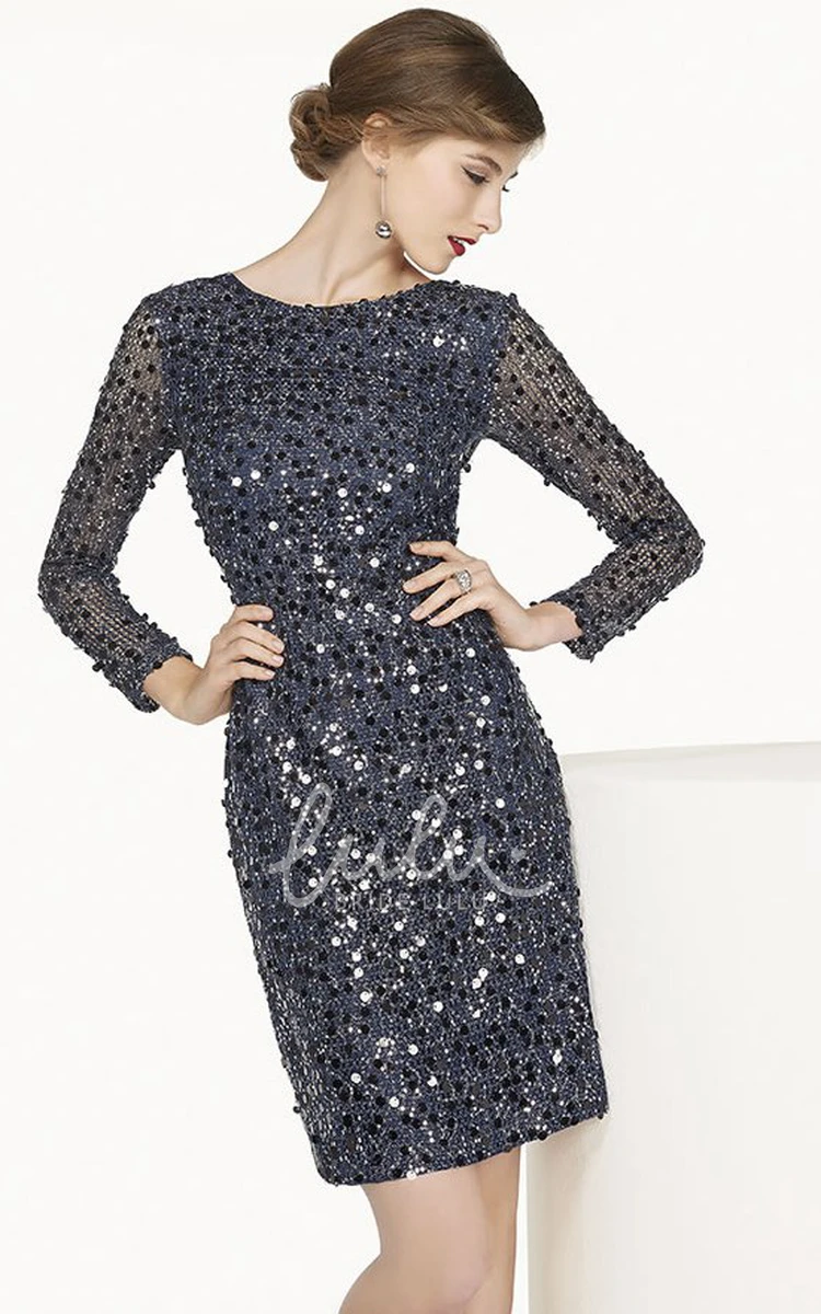 Sheath Short Prom Dress with Allover Sequins Low V Back Long Sleeve