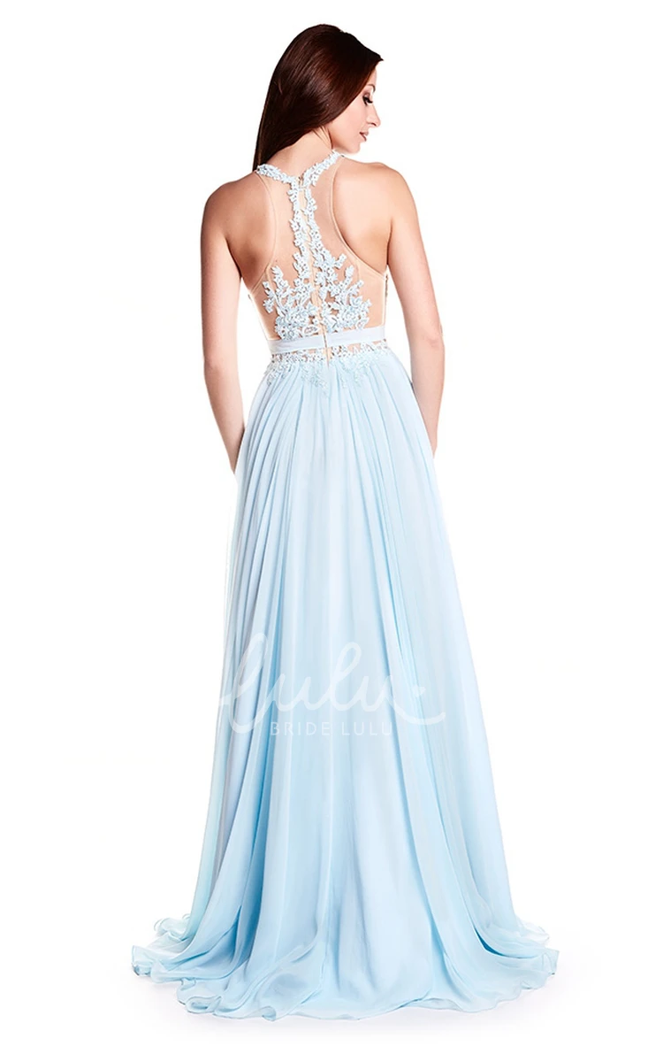 High Neck Sleeveless Appliqued Chiffon Prom Dress Flowy Prom Dress