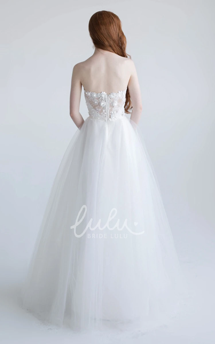 Maxi Floral Tulle Wedding Dress With Appliques Strapless A-Line Sleeveless