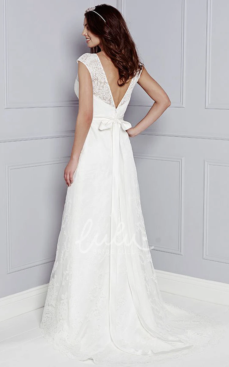 Lace Cap-Sleeve Floor-Length Wedding Dress with Bow and Scoop-Neck