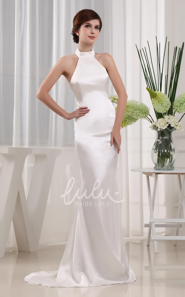 Satin Halter Sheath Wedding Dress with Brush Train Sleeveless Elegant Bridal Gown