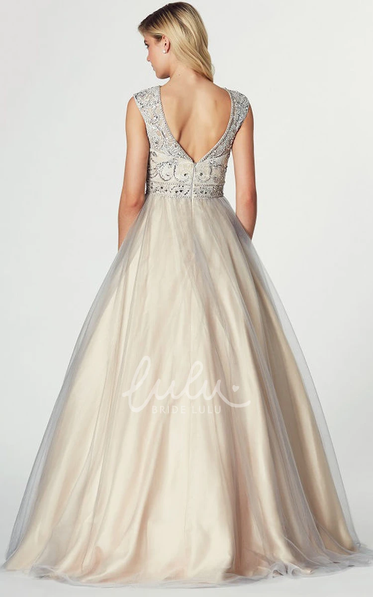 Tulle and Satin A-Line Prom Dress with Beaded Jewel and Low-V Back