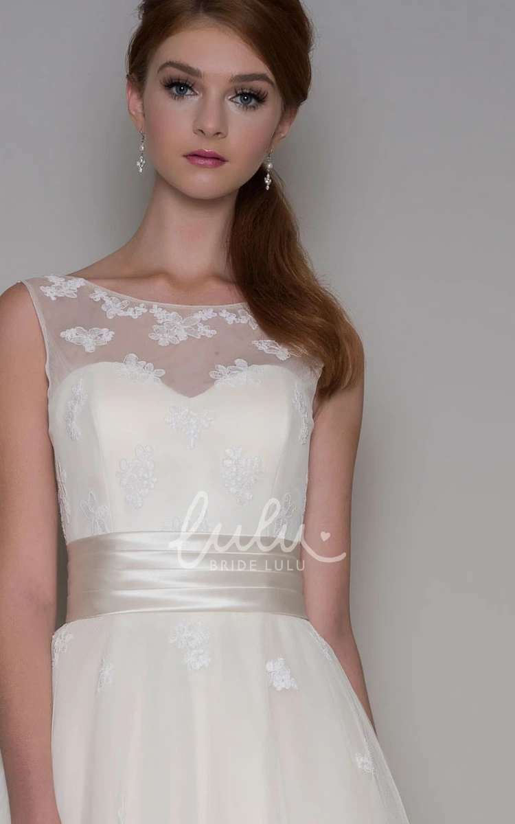 Appliqued Sleeveless A-Line Tulle Wedding Dress With Court Train Modern Bridal Gown