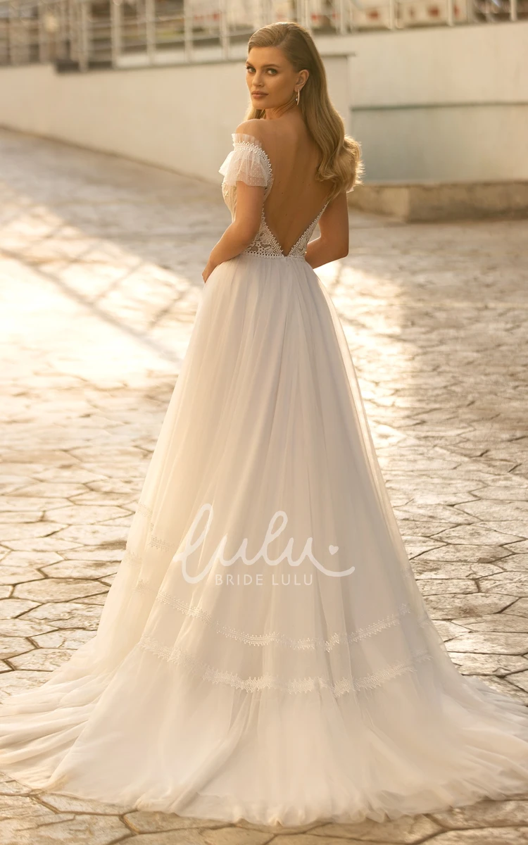 Lace A Line Wedding Dress with Court Train and Appliques Romantic and Beautiful