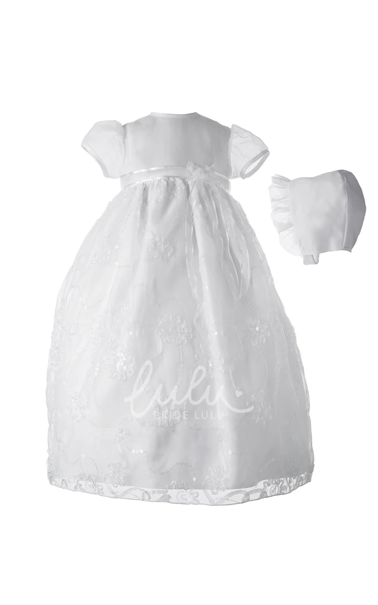 Short Sleeve Christening Gown with Sash Simple Baptism Dress for Girls