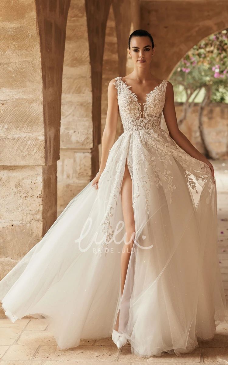 Elegant Garden Wedding Dresses Halter Style Applique Tulle Flowy Bridal Dress with Front Split