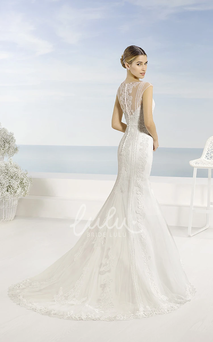 Lace Cap-Sleeve Trumpet Wedding Dress with Illusion Back and Court Train