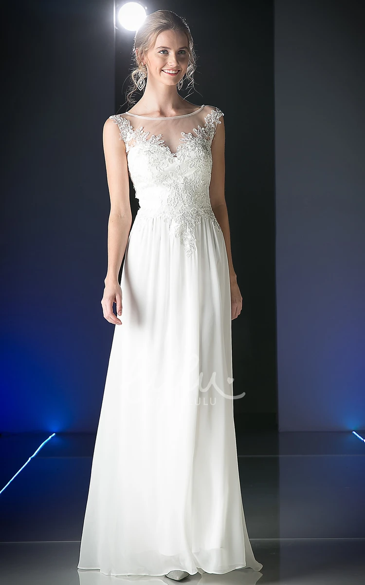 Scoop-Neck Sleeveless Sheath Dress with Appliques and Illusion in Chiffon Fabric