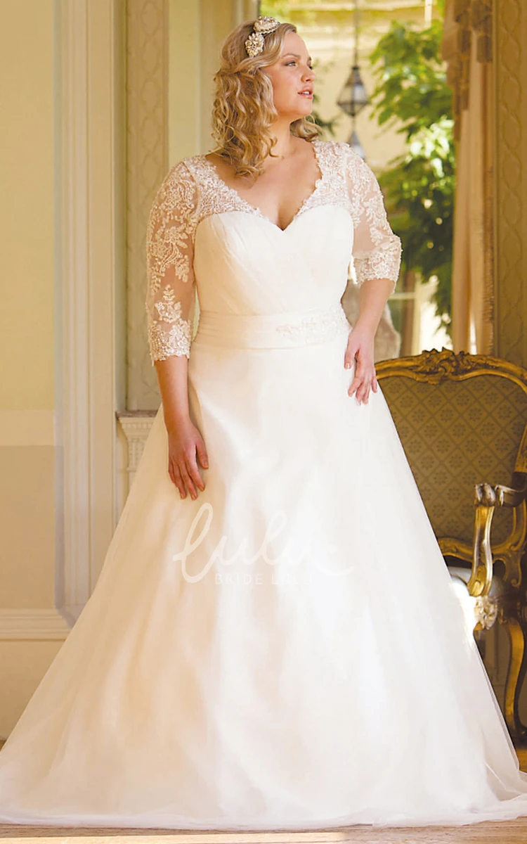 Tulle V-Neck 3-4-Sleeve A-Line Plus Size Wedding Dress