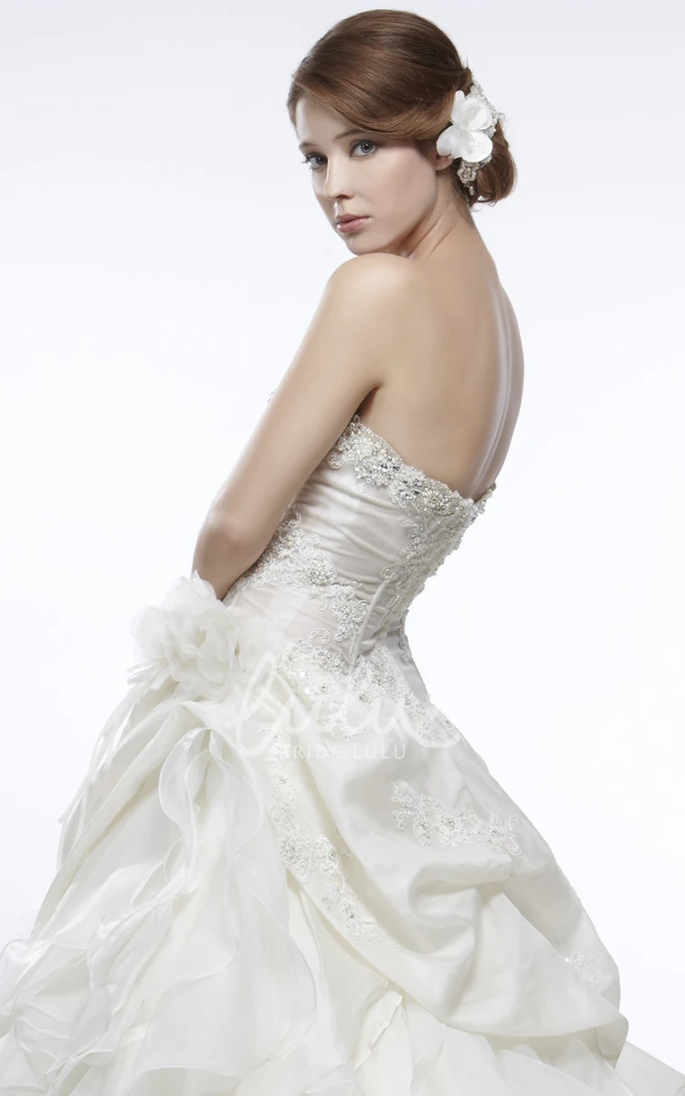 Organza Cascading-Ruffle Strapless A-Line Wedding Dress with Pick Up and Flower