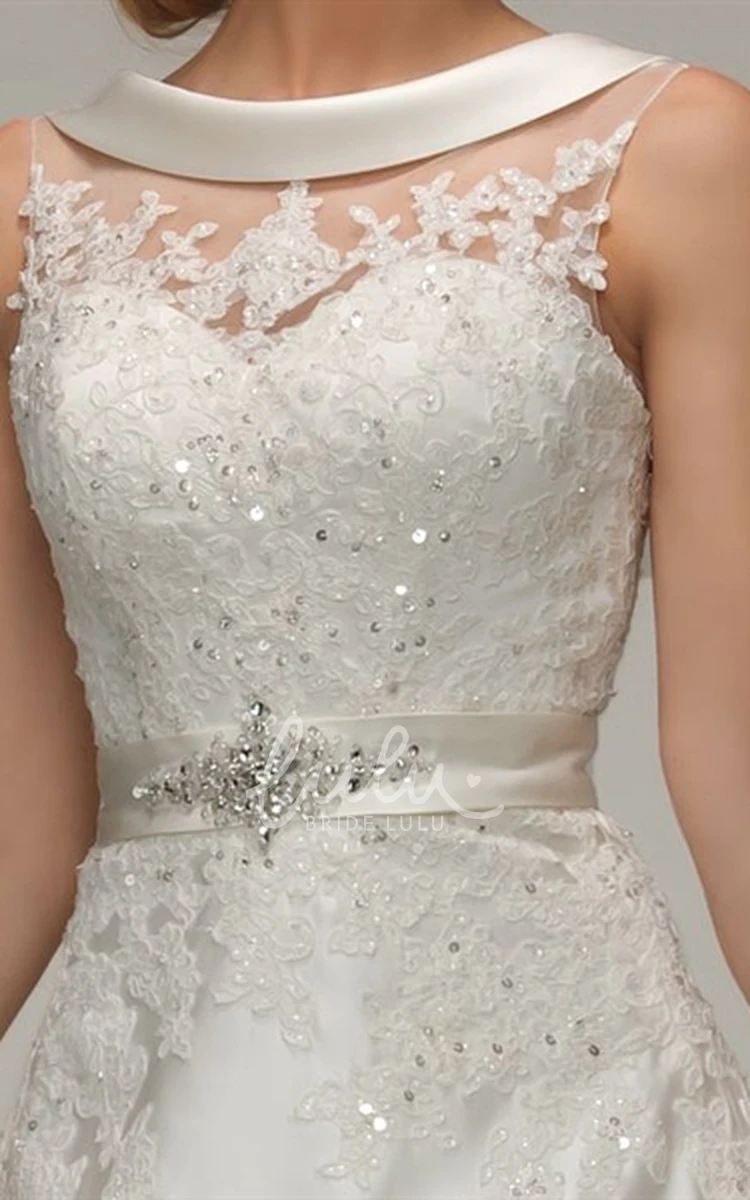 Appliqued A-Line Wedding Dress with Scoop Neck and Waist Jewelry Classic Bridal Gown