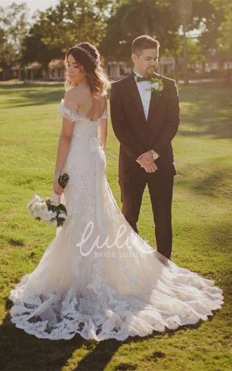 Ethereal Off-the-Shoulder Mermaid Lace Wedding Dress with Sash Unique Bridal Gown