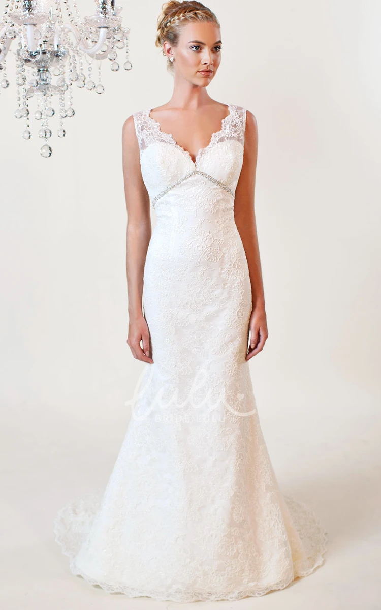 Lace Trumpet V-Neck Sleeveless Wedding Dress with Deep-V Back Elegant Bridal Gown