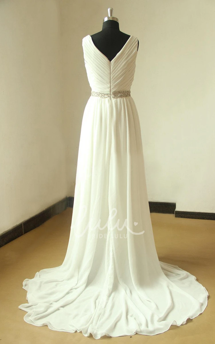 Chiffon Lace Wedding Dress with Beaded Sash Ribbon