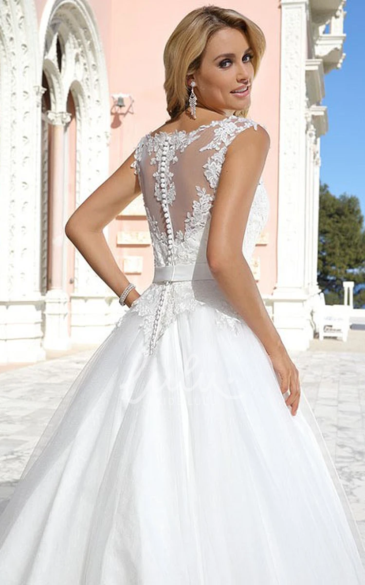 Sleeveless V-Neck Tulle A-Line Wedding Dress Maxi Length with Appliques and Illusion Back