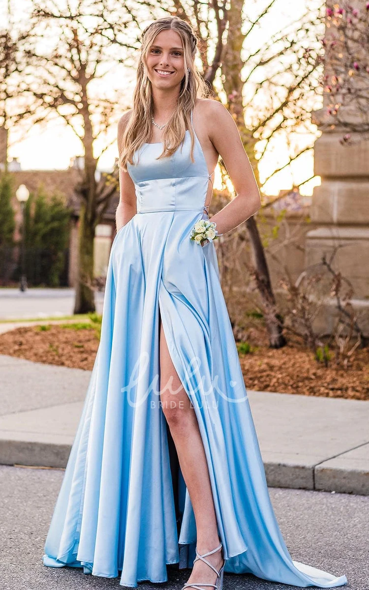 Elegant Off-Shoulder Satin A-line Evening Dress with Split Front and Train Bohemian Prom Dress