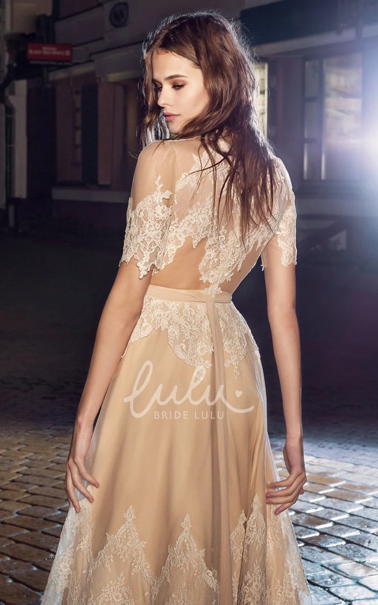 Lace Short Sleeve A-Line Dress with Illusion and Appliques