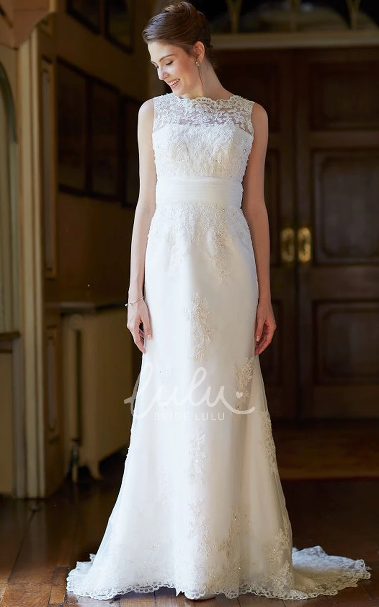 Maxi Lace A-Line Wedding Dress with Bateau Neckline Low-V Back and Sweep Train