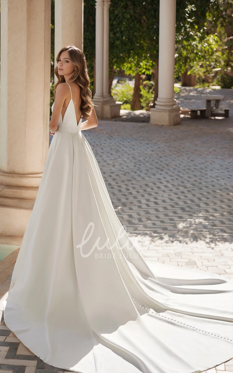 Solid Sexy A-Line Floor-length Spaghetti Satin Wedding Dress Simple Elegant Sleeveless Plunging Neckline Draping Court Bridal Gown with Pockets Button Back