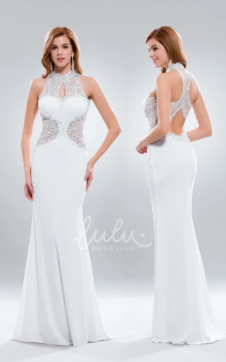 Sleeveless Jersey Keyhole Prom Dress with Appliques Sheath Style