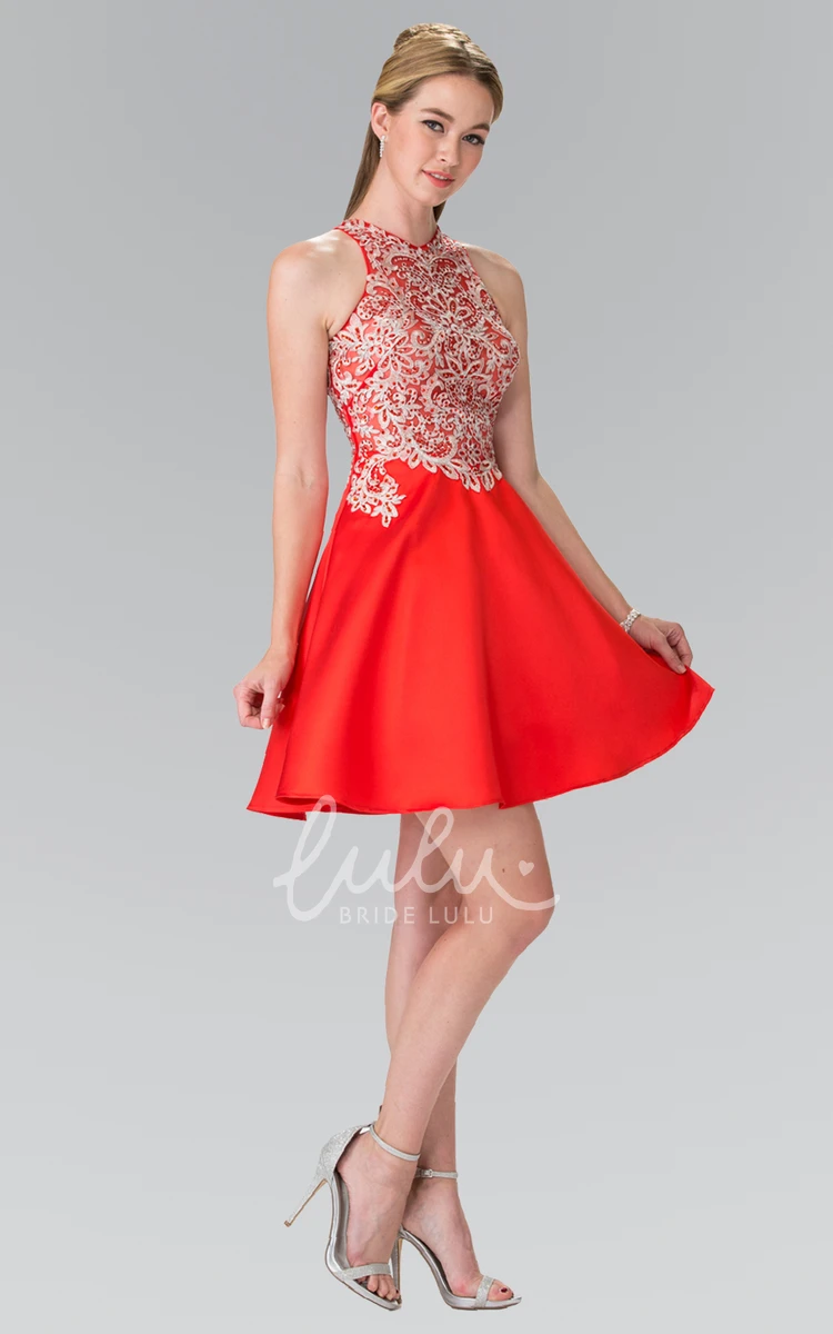 Satin A-Line Dress With Appliques Beading and Jewel-Neck