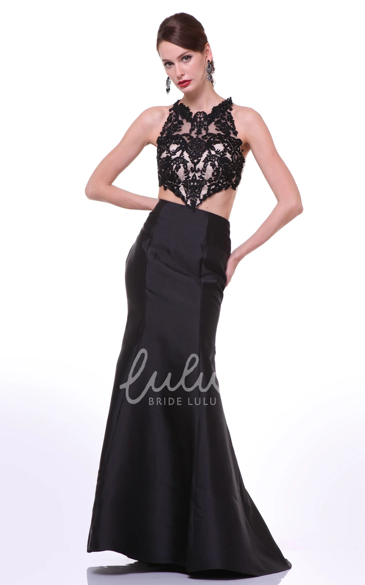 Jewel-Neck Sleeveless Satin Formal Dress with Appliques Sheath Style