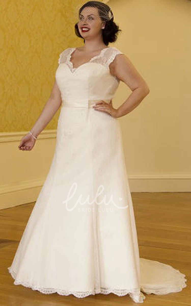 Scalloped V-Neck Lace Bridal Gown with Cap Sleeves and Satin Sash