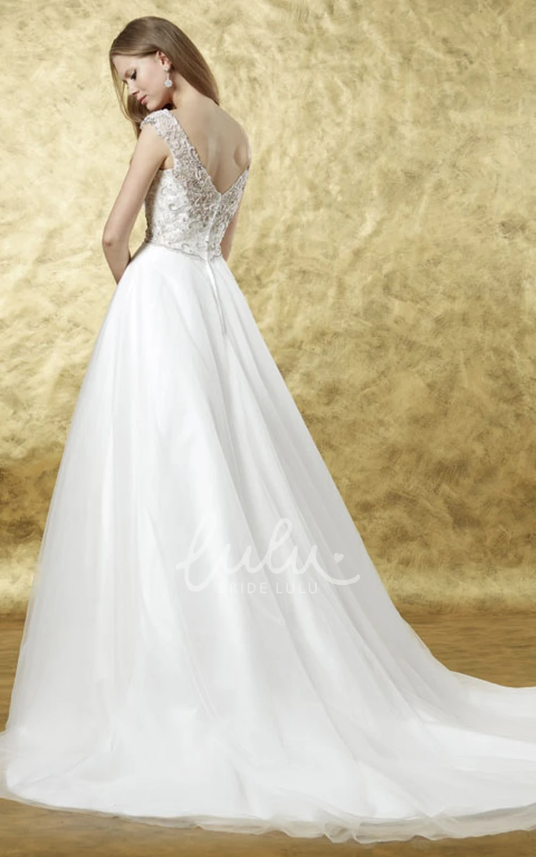Beaded Tulle Wedding Dress with Court Train and V-Back Square Neckline Floor-Length