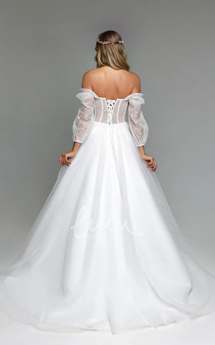 Elegant Solid Long Sleeve A-Line Lace Tulle Off-the-shoulder Strapless Wedding Dress Sexy Unique Floor-length Bridal Gown with Train Lace-up Back