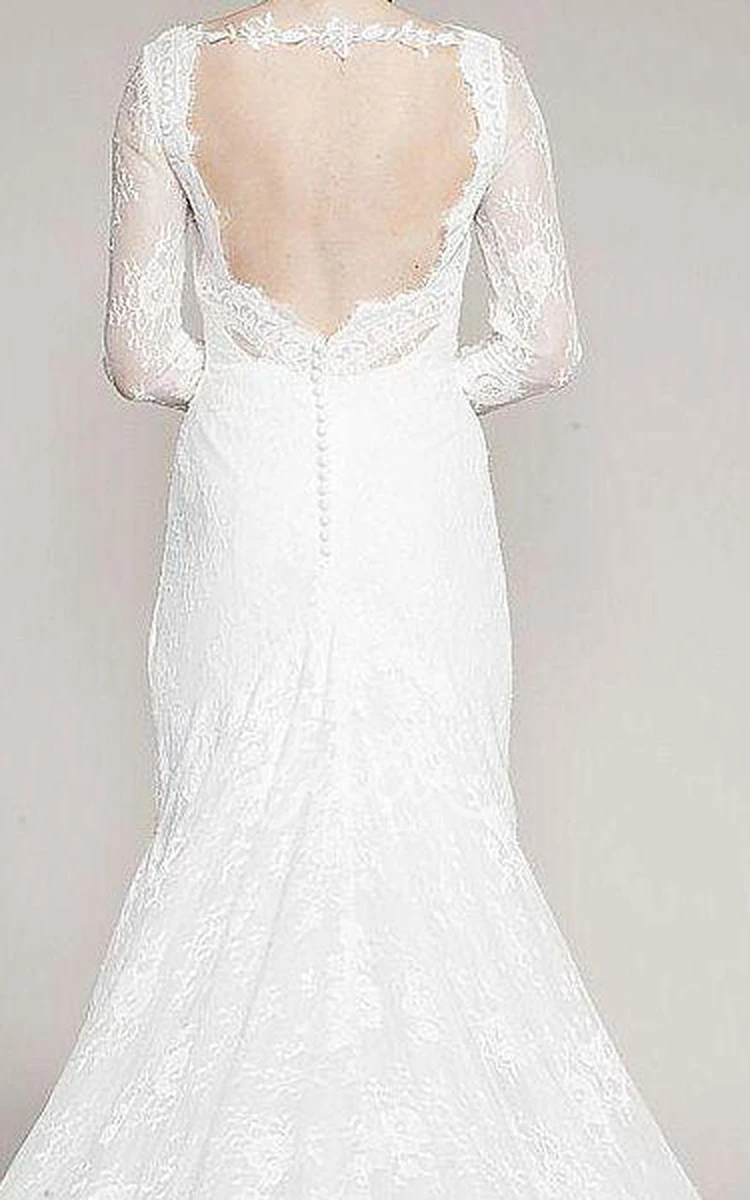 Long-Sleeve Lace Wedding Dress with V-Neck and Brush Train