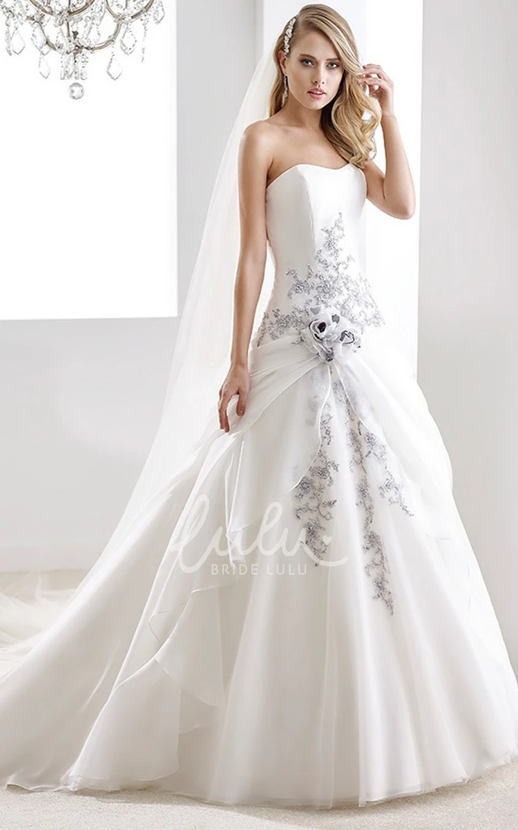 Satin A-Line Dress with Striking Appliques Flower Ruching and Strapless Design