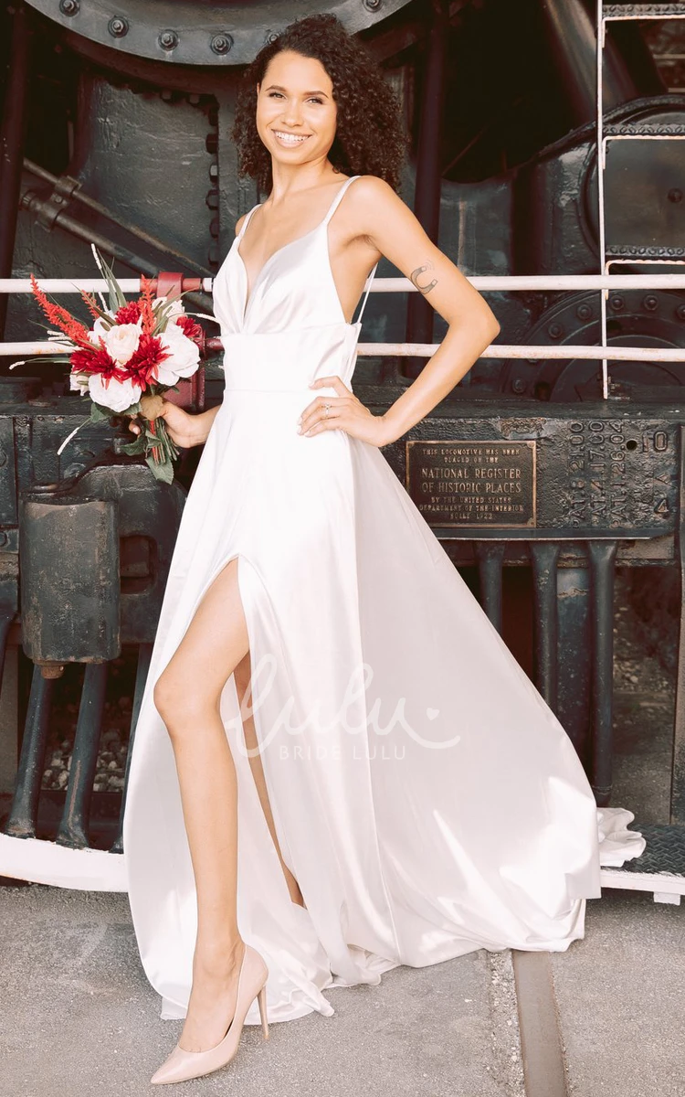 Satin A-Line Wedding Dress with Plunging Neckline Open Back and Split Front Elegant