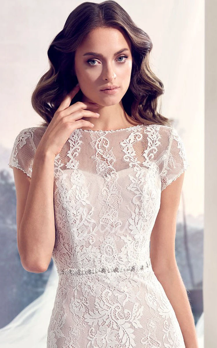 Scoop Cap-Sleeve Lace Wedding Dress with Jeweled Details and Brush Train