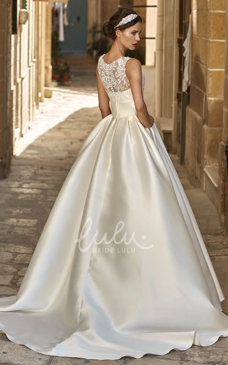 Satin Jewel-Neck Sleeveless A-Line Wedding Dress with Floor-Length Appliques Modern Wedding Dress